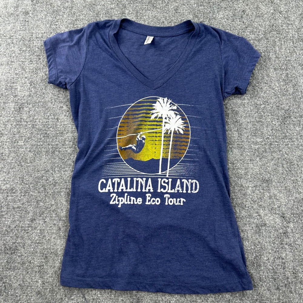 Techstyles T-Shirt Medium Blue Catalina Island Zipline Graphic V-Neck Women